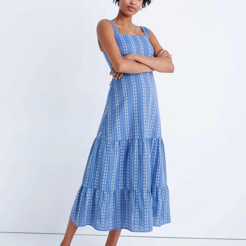 Madewell Blue White Embroidered Sleeveless Midi Dress